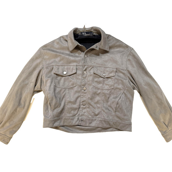 Zara Jacket Mens XL Gray Suede Trucker Snap Button Faux Leather Pockets Lined - Picture 3 of 6